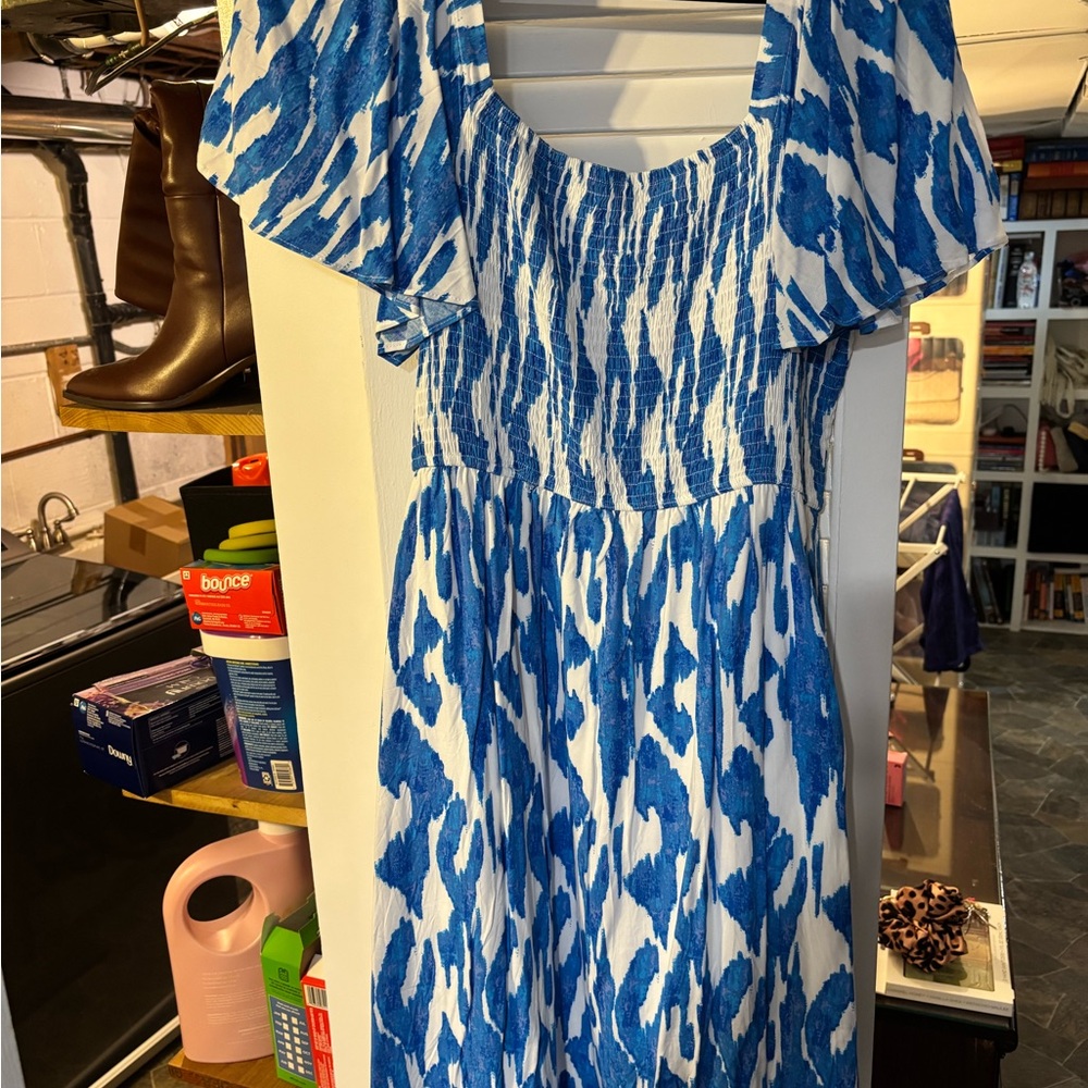 Chic Soul Blue and White Patterned Midi Dress